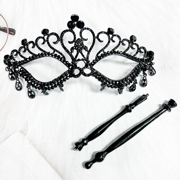 Black Masquerade Mask with Stick, Crystal Masquerade Mask, Prom Mask, Party Mask - Picture 7 of 9